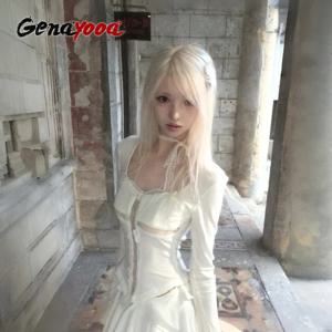Genayooa Y2k Fairycore T 셔츠 여성 레이스 패치 워크 크롭 탑 스트리트웨어 일본 2000년대 그런지 탑 E-girls Aesthetic Tshirts