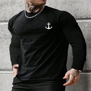 100% 순면 소재의 남성용 긴팔 라운드넥 루즈핏 캐주얼 티셔츠, 보트 앵커 패턴이 프린트되어 있어 봄, 가을에 다양하게 활용할 수 있습니다.