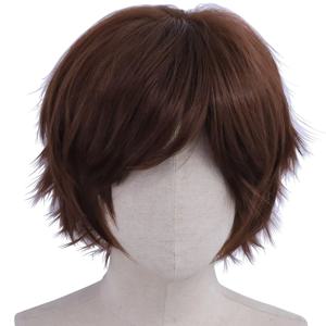 남성/여성을 위한 짧은 레이어드 브라운 코스프레 가발, 애니메이션 콘 파티 의상을 위한 내열성 합성 가발