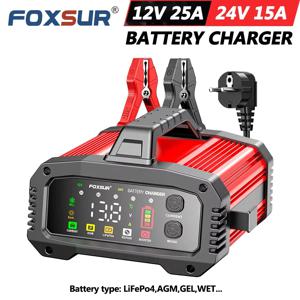 12V 24V FOXSUR FPT-250 자동차 배터리 충전기 (자동차, 오토바이, 트럭용) 고출력 부스터 펄스 복구 기능 (납산, AGM, LiFePo4 배터리용)