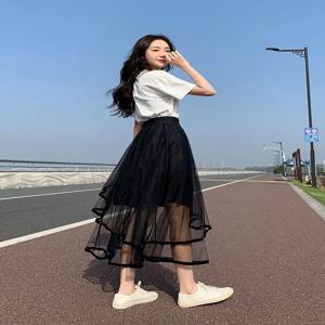 우아한 블랙 비대칭 튤 하프 스커트 여성 여름 하이웨이스트 롱 가운 동화 속 숲 시스템 얇은 레이어 푹신한 스커트