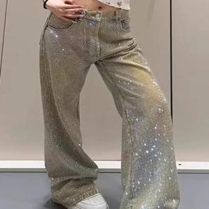 반짝이는 라인스톤 하이웨이스트 와이드 레그 청바지 여성 가을 신상 스타일 다용도 루즈핏 슬리밍 스트레이트 데님 팬츠