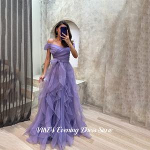 바이네스 라일락 파티 드레스 오프숄더 이브닝 드레스, 새시 벨트 파티 가운, 티어드 러플 튤 프롬 가운 (여성용, 맞춤 제작 가능)