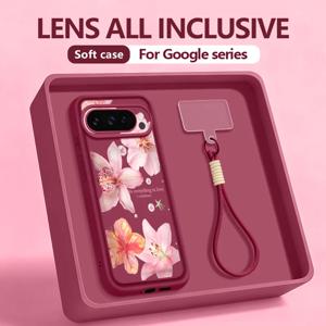 릴리 꽃무늬 휴대폰 케이스 (구글 픽셀 10, 9 Pro, XL, 10, 9, 8, 7 Pro, 9A, 8A, 7A 호환) 소프트 실리콘 끈 달린 커버 (픽셀 9, 8 Pro 호환)