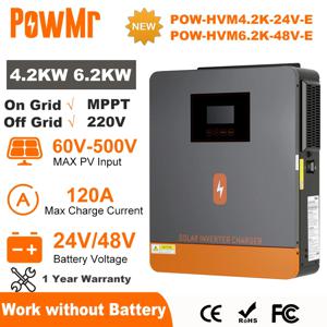 PowMr 6.2KW 4.2KW 하이브리드 태양광 인버터 24V 48V 220V 온/오프 그리드 인버터 듀얼 출력 MPPT 120A 태양광 배터리 충전기