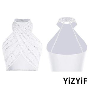 여성 살사 차차 라틴 댄스 의상, 홀터 슬리브리스 스트랩리 백리스, 앞면 크로스 러칭 메쉬 오버레이 크롭탑