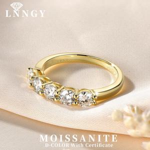 Lnngy 인증 5 스톤 4mm 모이사나이트 반지 14K 골드 충전 하프 이터니티 기념일 반지 여성용 파티 쥬얼리 선물