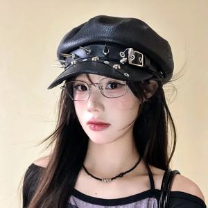고딕 펑크 인조 가죽 밀리터리 캡 스파이크 스터드 장식 버클 스트랩 레트로 바이커 캡틴 모자 코스프레 록 파티용