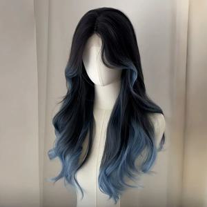 블랙 투 블루/핑크/블랙 옴브레 롱 웨이브 가발 자연스러운 플러피 바디 웨이브 내열성 합성 헤어 데일리 & 파티용