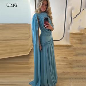 OIMG 블루 캡 슬리브 A 라인 댄스 파티 드레스 맥시 플리츠 파티 가운 쉬폰 바닥 길이 이브닝 드레스 vestido de fiesta 맞춤형