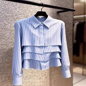 우아한 티어드 러플 스트라이프 블라우스 - 포인트 칼라 긴소매 크롭 셔츠 세련된 오피스룩 & 데일리룩 시크하고 달콤한 여성스러움