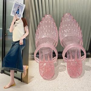 여성용 2 in 1 투명 크리스탈 플라스틱 젤리 샌들 논슬립 글리터 포인티드 토 썸머 캐주얼 아웃도어 비치 플랫 슬리퍼