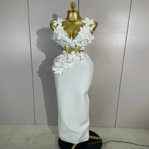 여성 섹시한 흰색 꽃 v 넥 탑 바디콘 롱 드레스 두 조각 세트 이브닝 파티 댄스 파티 가운 나이트 클럽 축하 생일 드레스