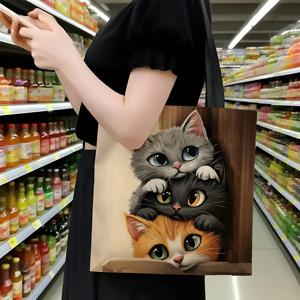 1pc 스택형 귀여운 새끼 고양이 캔버스 토트백 - 사랑스러운 사실적인 고양이 가족 엿보기 프린트, 친환경 애완동물 애호가 숄더백, Lig