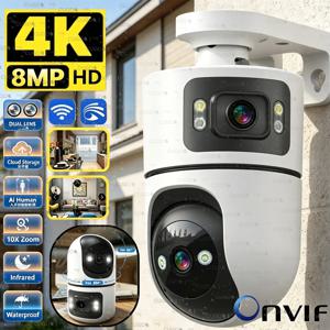 4K 8MP WiFi 감시 카메라 조절 가능한 브래킷이 있는 듀얼 렌즈 양방향 오디오 Onvif 10X 줌 보안 무선 감시
