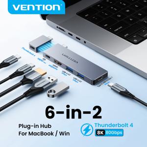 벤션 USB C 플러그인 허브 6 in 2 썬더볼트 4 80Gbps 8K 도킹 스테이션 맥북 프로 에어용 USB 3.0 허브 HDMI 4K60Hz 윈도우 노트북용