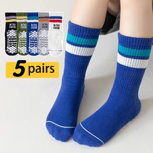 남녀공용 미끄럼 방지 바닥 양말, 만화 문자 줄무늬 라운드 넥 양말, 미드 튜브 양말, 미끄럼 방지, 마모 방지, 5 쌍