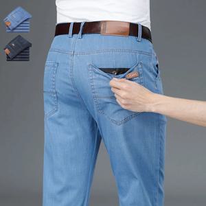 브랜드 의류 여름 얇은 남성 청바지 비즈니스 코튼 스트레이트 스트레치 캐주얼 오피스 롱 팬츠 바지 남성 버튼 포켓