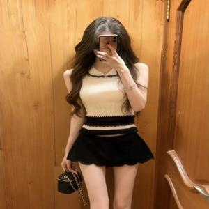 한국풍 달콤한 인형 칼라 민소매 니트 베스트 레이스 하프 스커트 투피스 세트 여성 여름 스몰 향수 스타일 세트