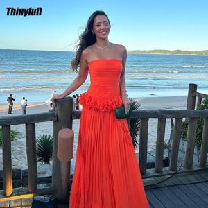 Thinyfull A 라인 쉬폰 댄스 파티 드레스 2026 민소매 스트랩리스 홀리데이 스타일 가운 Vestidos Elegantes 긴 드레스 맞춤형