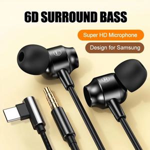 갤럭시용 90° 잭 유선 게이밍 헤드셋 HiFi 서라운드 사운드 이어폰 3.5mm/Type C 음악 헤드폰 (마이크 포함) 삼성 S24 23 아이폰 15 호환