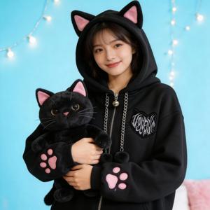 귀여운 고양이 귀 벨벳 후드티 여성용 고양이 발톱 긴팔 코트 블랙 하라주쿠 Y2K 2000년대 펑크 록 고스 스윗하트 여성 자켓