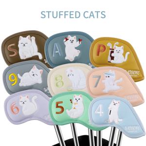 9개 골프 아이언 헤드 커버, 귀여운 고양이 모양, 범용 PU 가죽 클럽 보호 커버, 혼합 색상 골프 액세서리