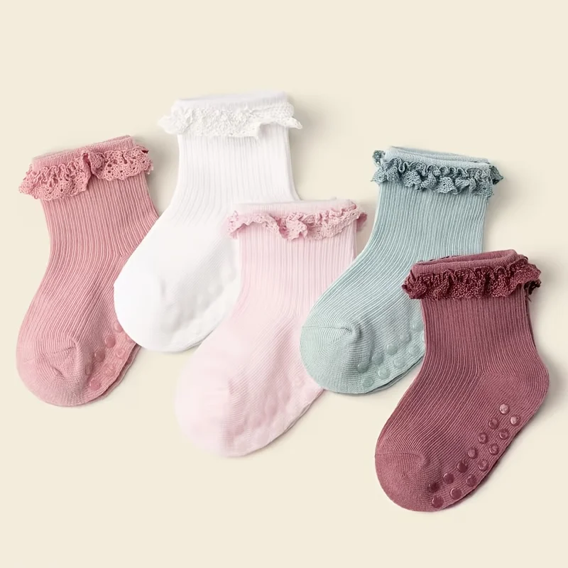 여아용 레이스 양말 5켤레, 봄 여름용 미끄럼 방지 바닥 양말