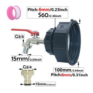 80mm 100mm IBC 물탱크 탭 어댑터 S60x6mm 16mm 니플 호스 탭 피팅 수도꼭지 정원 관개 밸브