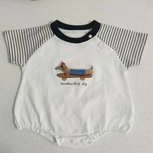 새로운 여름 신생아 아기 면화 바디 슈트 스트라이프 반팔 Onesie 0-2Y 유아 만화 아기 소년 소녀 점프 슈트