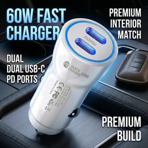 듀얼 USB C 차량용 충전기 60W PD 고속 충전 범용 차량용 전원 어댑터 (휴대폰, 태블릿, 블랙박스, GPS, 안정적인 플러그, LED 라이트)