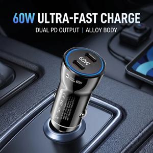 듀얼 USB C 차량용 충전기 60W PD 고속 충전 어댑터 (아이폰 17, 16 Pro Max, 삼성 S24, 아이패드, 블랙박스용) 안정적인 플러그