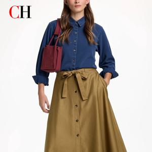 CH 자수 데님 긴팔 셔츠 여성 포인트 칼라 레귤러 핏 아메리칸 스타일 편안한 캐주얼 데일리 탑