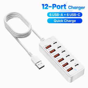 12포트 USB 충전기 6개 USB-A 포트, 6개 USB-C 포트 데스크탑 충전 스테이션 고속 충전 멀티 포트 전원 어댑터 (1M 케이블 포함) 가정 및 사무실용