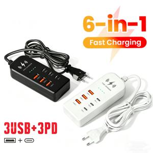 6 in 1 USB 충전기, 멀티포트 Type C 허브 어댑터, PD 고속 충전 지원, EU/US 플러그, 벽면용 퀵 충전 확장 소켓