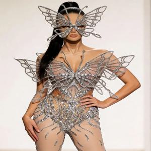 섹시한 반짝이는 실버 크리스탈 나비 시스루 메쉬 점프수트 3D 날개 메쉬 라인스톤 바디콘 의상 (드랙퀸 레이브 스테이지 쇼용)