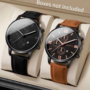 1/2PCS 패션 로마 다이얼 남성용 달력 쿼츠 시계 가죽 스트랩 남성용 비즈니스 손목시계 Reloj Hombre(상자 없음)