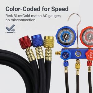 3PCS R134a 냉매 AC 충전 호스 600-3000 PSI 작동 압력 HVAC 에어컨 냉매 매니폴드 게이지용