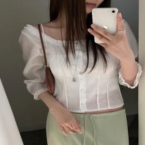 우아한 봄 셔츠 스퀘어 칼라 싱글 버튼 리프 엣지 한국 스타일 여성 패션 이너웨어 레귤러 핏 사계절