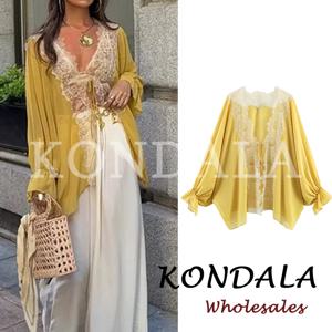 KONDALA 세련된 여름 캐주얼 여성 레이스 업 2026 느슨한 패치 워크 옐로우 레이스 블라우스 Y2K streetwear 패션 여성 우아한 셔츠