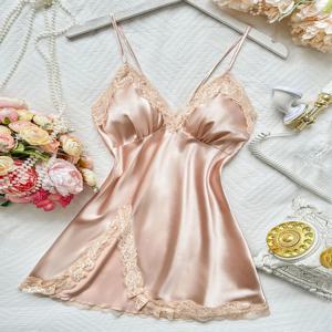 여성용 V넥 레이스 나이트드레스 얇고 통기성 좋은 잠옷 여름용 패셔너블한 홀터넥 드레스 파자마