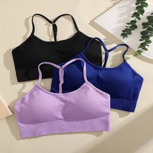 파인투 여성 Y백 얇은 스트랩 리브드 크롭탑 패드 브라렛 조절 가능한 부드러운 하이 스트레치 민소매 스포츠 브라 요가 탱크탑