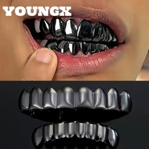 YOUNGX 상하부 스무스 블랙 컬러 티스 그릴즈 브레이스 힙합 글로시 치아 캡 여성 남성용 주얼리 웨어러블 덴탈 그릴즈