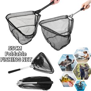 1pc 55cm 낚시 뜰채 어린이 및 성인용 미끄럼 방지 손잡이가 있는 접이식 삼각형 어망 (연못, 강, 바다에서 물고기 잡기용)