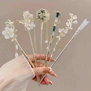 1/6pcs 우아한 중국 스타일 태슬 머리핀 전통 꽃 디자인 헤어스타일 액세서리 여성 쥬얼리 헤어 스틱 신부 선물