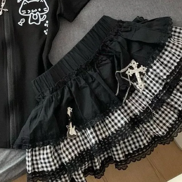 하라주쿠 Y2K 레이스 섹시 케이크 다크 펑크 푹신한 다용도 스커트 서브컬쳐 스플라이싱 체크 스커트 걸 (액세서리 없음)