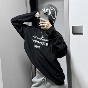 초가을 여성용 아메리칸 스타일 긴팔 블랙 티셔츠 여성용 신상 루즈핏 니치 디자인 초가을 상의/이너웨어