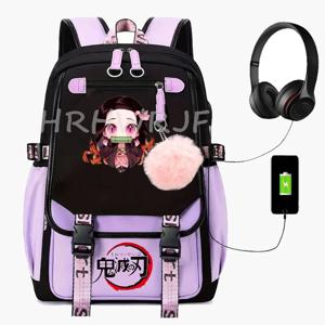 애니메이션 악마 슬레이어 네즈코 카마도 백팩 USB 충전 용량 노트북 학생용 가방 스포츠 여행 캐주얼 모칠라 에스콜라