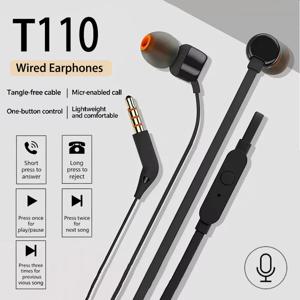 오리지널 T110 3.5mm 유선 이어폰 트루 스테레오 음악 딥 베이스 이어버드 스포츠 헤드셋 인라인 컨트롤 핸즈프리 마이크 포함