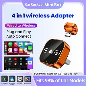 카로켓 4in1 카플레이 어댑터 유선에서 무선으로 안드로이드 오토 미러링크 스마트 미니 AI 박스 USB 플러그 앤 플레이 블루투스 와이파이